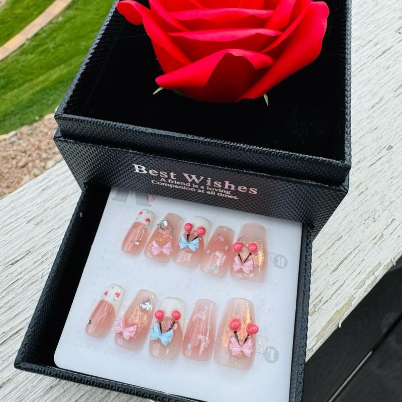 Sweet Cherry Blossom - 3D Bow & Cherry Press-On Nails | Short Square Design | 10PCS Handmade Glossy Nails with 3D Charms & Pastel Bows for a Kawaii Look