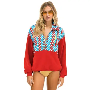 GEO ZIG BOLT EMBROIDERY FLEECE HALF ZIP COLOR BLOCK SWEATSHIRT - RED // BLUE