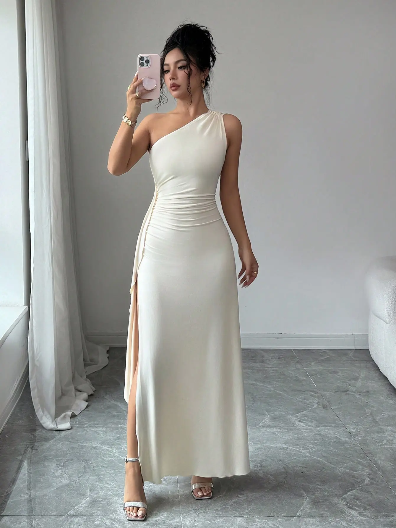 Summer Luxury Satin One Shoulder Ruched Waist High Slit Maxi Sexy Evening Dress For Women Party Gown