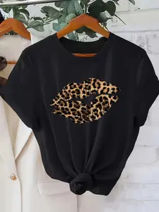 Women'S Breathable Black T-Shirt, Leopard-Print Li