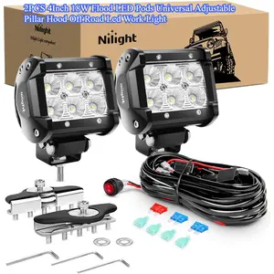 Nilight 2pcs 4Inch 18W Flood LED Pods Universal Adjustable Pillar Hood Off Road Led Work Light with Mount Bracket Wiring Harness-2 Leads