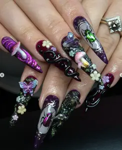 dark enchanted forest nails with 3d mushrooms, beetles, butterflies, flowers and gothic lettering on deep purple stiletto tips for a mystical fairycore vibe