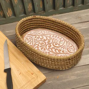 Bread Basket with Terracotta Warmer, Engraved with Nature-Inspired Vines