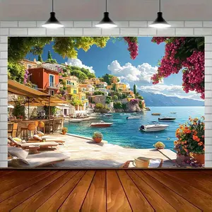 1pc 2D Flat Italy Coastal City Scene Party Banner - Vibrant Polyester Backdrop with Amalfi-Style Houses, Turquoise Waters & Lush Greenery for Home Decor, Room Wall Decoration, and Photo Props,