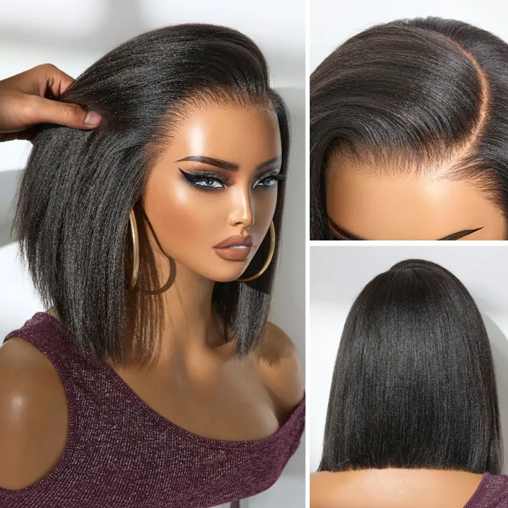 Kinky Straight 200% Short Bob Glueless Lace Closure Human Hair Wigs For Women Ready To Go Pre Cut 7x5 Glueless Wigs Human Hair 100% Yaki Human Wigs