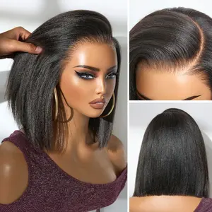 Kinky Straight 200% Short Bob Glueless Lace Closure Human Hair Wigs For Women Ready To Go Pre Cut 7x5 Glueless Wigs Human Hair 100% Yaki Human Wigs