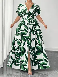 Women's Plus Size Spring Summer Casual Bohemian Fashion Print Dress, Elegant A-Line Midi Dress, Comfortable and Stylish Clothing, Boho