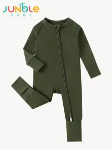 Cotton fiber baby zipper long-sleeved shirt in army green, pure color, double zippers, reversible foot cover, soft and breathable fabric, baby one-piece crawling suit