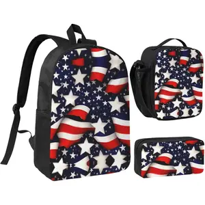 American Flag Stars Stripes print 3 Piece Backpack Bags with Lunch Box Pencil Case Set for Travel Work Camping Unisex