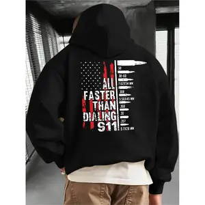 Streetwear "Faster Than 911" Hoodie |   Men’s Patriotic Military Sweatshirt, Bullet Caliber Flag Graphic, Black TikTok Trendy Pullover