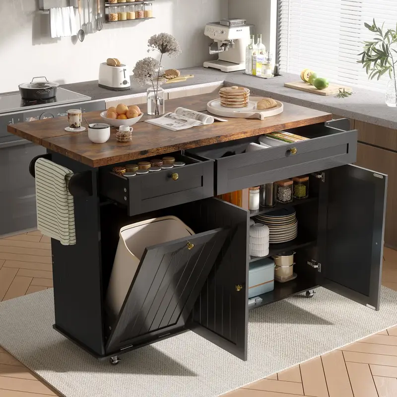 【Black Friday】ONBRILL 60" Kitchen Island with Power Outlet & Drop Leaf, Kitchen Rolling Island with Spice Rack & Towel Rack, Knife Holder, Kitchen Island Cart with Trash Storage Cabinet, Mobile Island Table for Kitchen