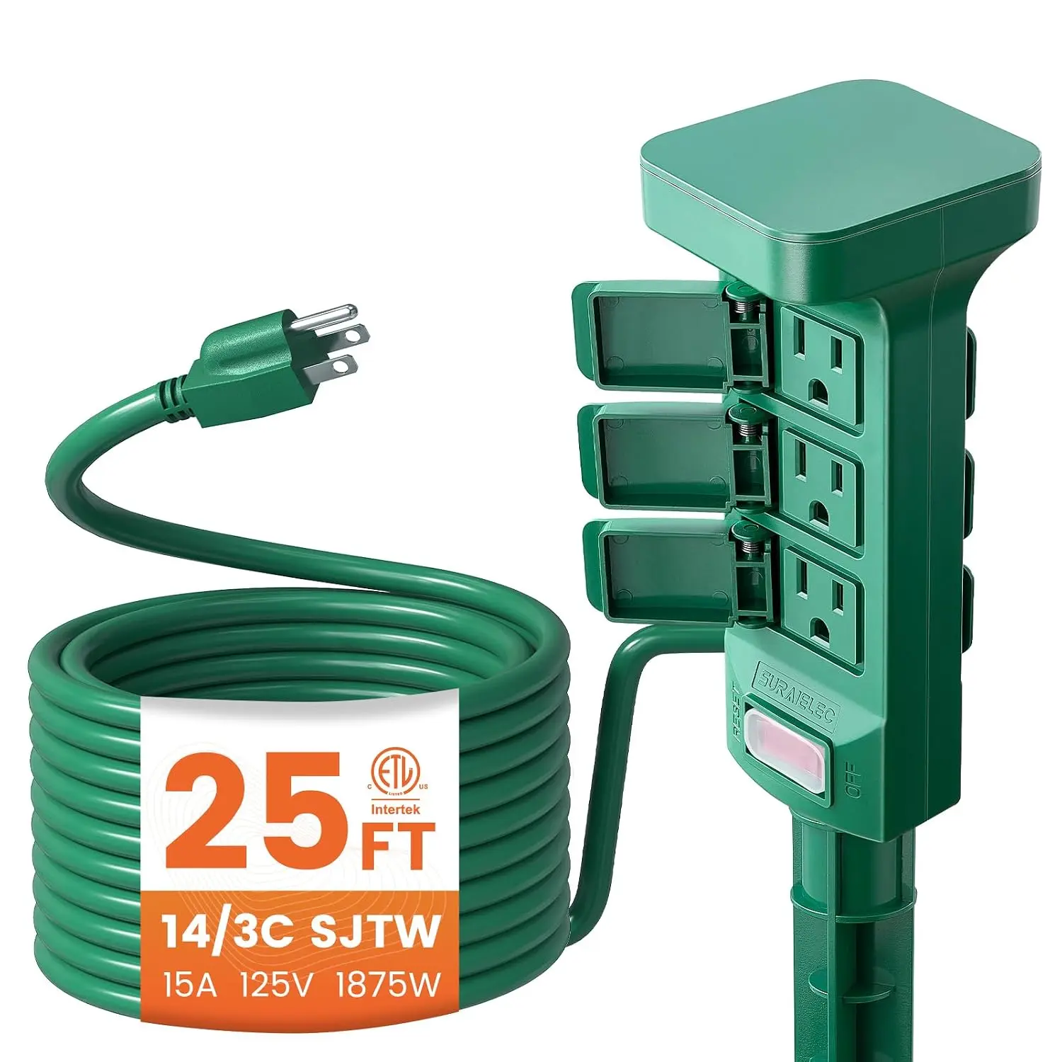 SURAIELEC 25FT Outdoor Power Stake Waterproof, 6 Grounded Outlets Power Strip Weatherproof, 25FT Extension Cord Outlet for Yard, Garden, Christmas Decoration, Patio, Outdoor Light Uses, 1875W/15A, Green