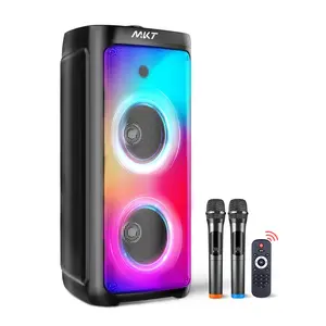 Karaoke 2 Wireless Mics, Bluetooth Speaker, Dual 8" Subwoofer, Party Lights, TWS/AUX/TF/USB/FM Support