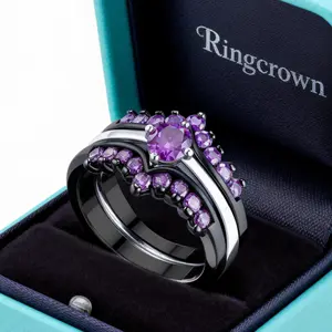 GYVAIN Black Plated Bridal Sets 1CT Round Purple CZ Luxury Engagement Ring 3pcs Women's Wedding Ring Sets