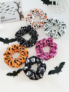 6 pieces of [Halloween] women's dark style printed pumpkin spider web castle skeleton bat ghost headband, gothic punk style, soft fabric, Elastic tie band, suitable for Halloween theme personalized hairstyle hair accessories headband, Ponytail Hairstyle