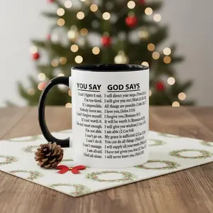 You Say God Says Two-Tone Ceramic Mug | Bible Verse Coffee Cup for Christian Men & Women | Religious Easter Baptism Gift Daily Affirmation
