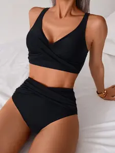 2026 New Two-Piece Bikini Set, Sexy High-Waisted, Textured, Fitted Style, Plain Pattern, Ideal for Beachwear, Made in China
