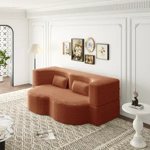 SAVEYOUR  Modern Floor Sofa with 2 Pillows,Convertible Plush Corduroy Foam-Filled Sleeper Sofa Bed,15" Full Size Folding Mattress for Living Room,Guest Bed,no assembly required,Orange