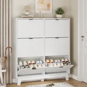 Shoe Cabinet Storage for Entryway with 6 Flip Drawers, Fluted Narrow Shoe Organizer with Wooden Legs, Freestanding Slim Shoe Storage Hidden Shoe Rack Organizer for Front Door Entrance