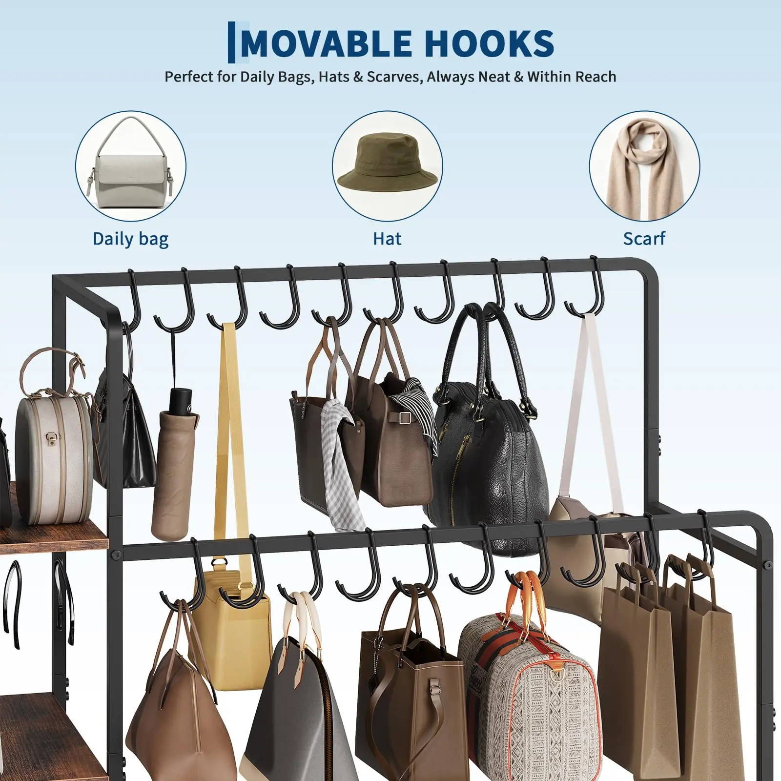 Garvee Spacious 3-Tier Purse Organizer Rack with 20 Hangers, 3 Side Hooks & Movable Wheels – Large Wooden Handbag Storage Shelf for Closet, Bedroom, Entryway – Black & Vintage Finish