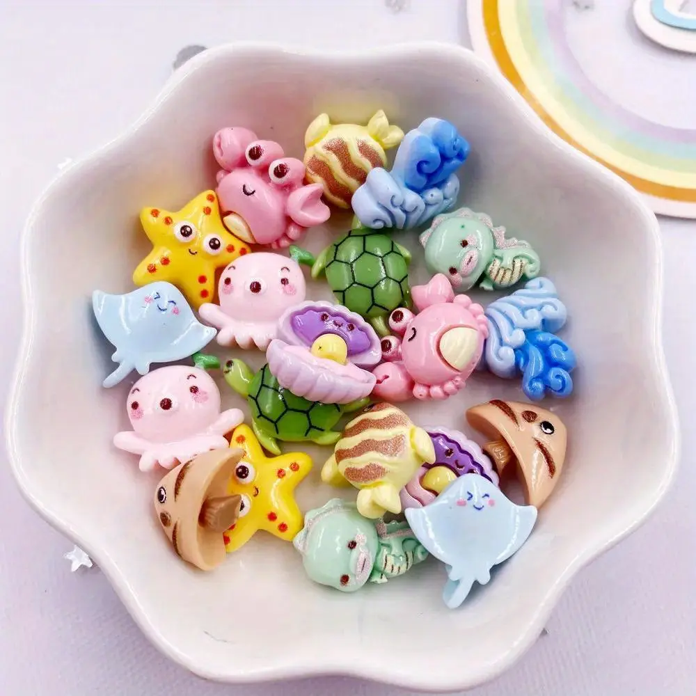 20pcs Colorful Resin Mini Turtles Crabs Fish Starfish Seahorses Seaweed Marine Organism Figurine Flat back Cute Scrapbooking Scrapbook DIY Jewelry Making Accessories Crafts Animals Scrapbook Accessory
