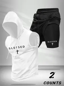 Men's Casual Sport Fashion 2-Piece Set, Athletic Activewear Tracksuit, Cross Pattern Letter Print Hooded Sleeveless Vest Top and Drawstring Waist Basketball Shorts