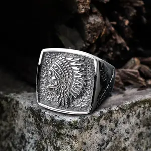 GTHIC Vintage Indian Chief Stainless Steel Skull Ring Statement Jewelry for Men Daily Wear