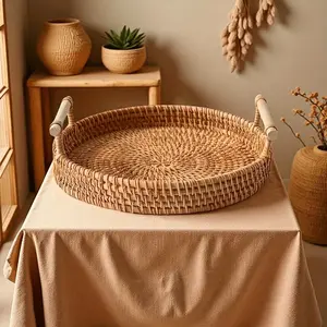 Minimalist Handmade Woven Rattan Tray, Coaster and Storage Organizer for Table Decor