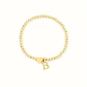 1pc Beaded Bracelet - Elegant 18K Golden Plated - with Heart & Initial Charm - Copper Elastic Letter A-Z - Cute Daily Wear - Versatile Gift for Women brazalete  lacoste silver  bracelet