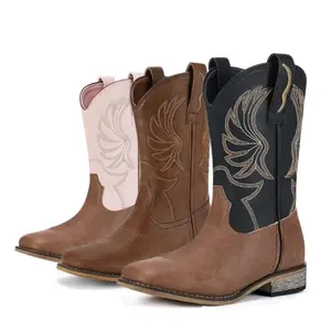 Clearance Sale Black Cowboy Boots for Women Embroidered Western Cowgirl Boots Mid Calf Square Toe Block Heel Boots Retro Vintage Style Casual Riding Boots for Women