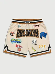 Striped Letter Print Wide Leg Drawstring Basketball Shorts, Graphic Print Shorts, Outdoor Workout Shorts, Campus Style, Perfect for Outdoor Activities, Youth Wear, Fitted Design