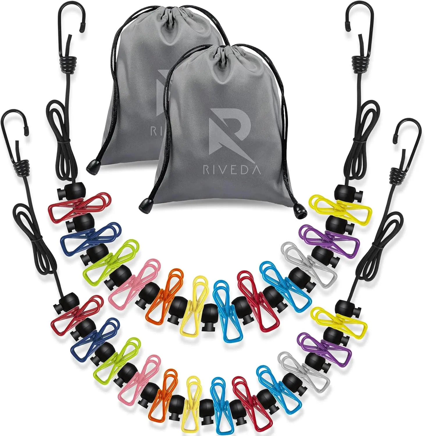 RIVEDA 2-Pack Portable Waterproof Stainless Steel Lightweight Travel Clotheslines, 12 Colorful Metal Clips Each, 2 Storage Bags, 10–12Ft Elastic Rope, Indoor Outdoor Laundry Drying Accessories for Cruise RV Home, Home Accessories