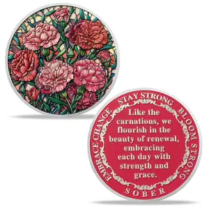 Sobriety Coin AA NA Recovery Medallion with Carnation Flower Design, Sobriety Chip with Inspirational Message, Sober Anniversary Sobriety Gift for Men Women