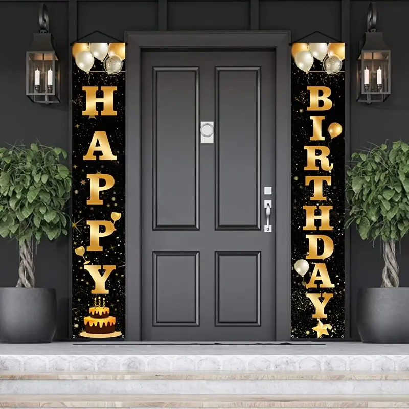 Happy Birthday Banner Set, Gold Theme Party Decorations, Indoor Outdoor Hanging Flags, Photo Prop Decoration