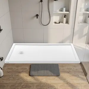 VEVOR Shower Pan, 60 Lx 36 W Single Threshold Shower Base, Rectangle Acrylic PVC Showering Base in White, Slip-Resistant Showering Pan Bases with Drain Cover for Bathroom, Left Drain Location