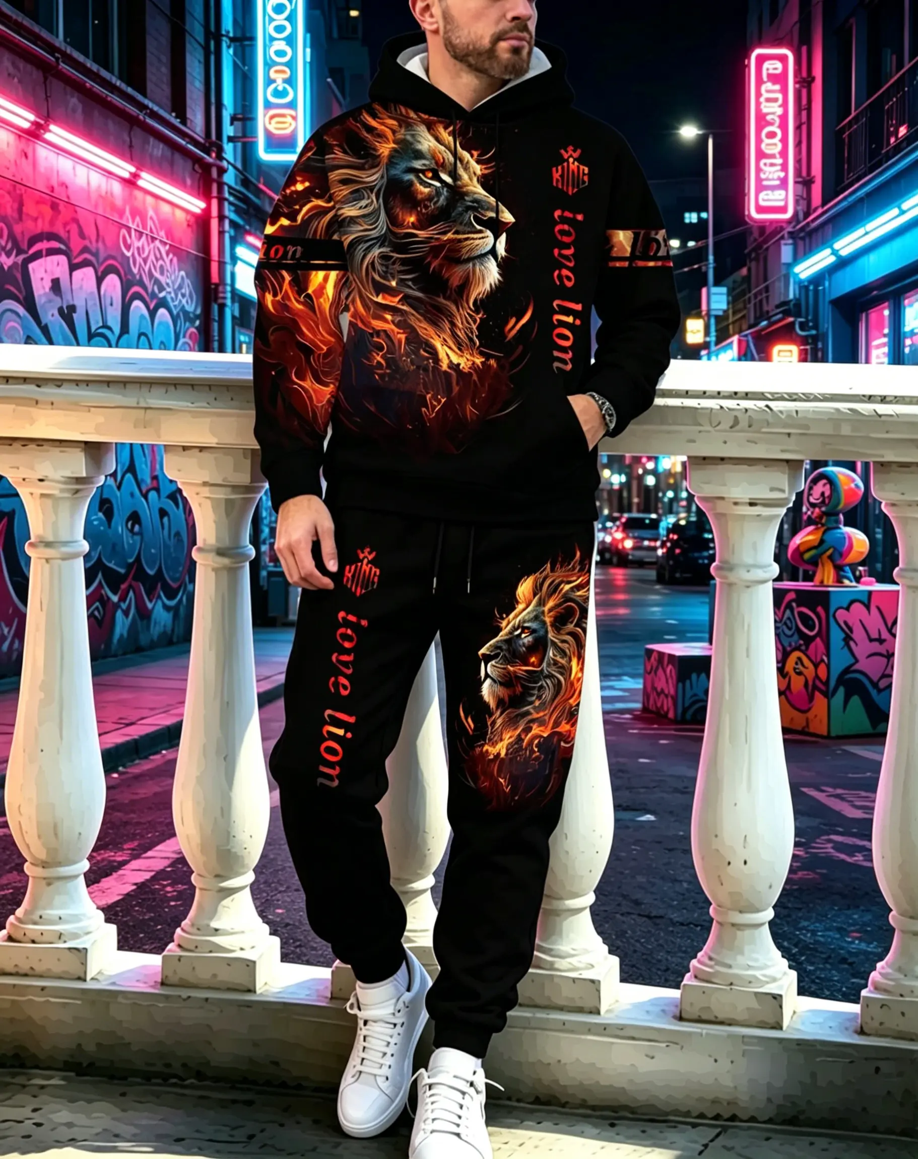 Flame Lion Two-Piece Activewear Set, featuring eye-catching flame print lion pattern design. The complete set is coordinated, made of soft fabric, with a futuristic street style, suitable for casual outings, fitness running, or gatherings.