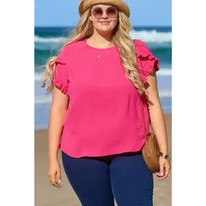 Bright Pink Ruffled Short Sleeve Plus Size Top