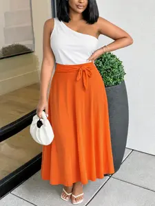Chic Orange Flowy Maxi Skirt - High Waist Tie Front Design for Spring Brunch and Date Night, Casual,Elegance