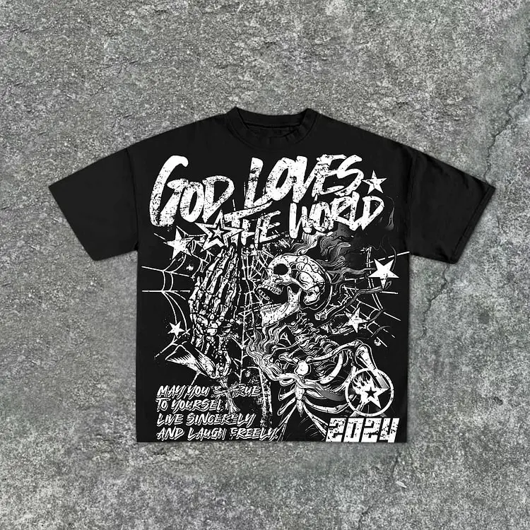Casual Short Sleeve God Loves The World Graphics 100% Cotton T-Shirt Men Summer Y2K Vintage Oversize T-shirt Streetwear Women Top