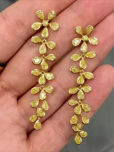 Yellow Diamond Flower Drop Earrings, Golden Plated Long Floral Dangle Earrings, Sparkly CZ Linear Earrings for Women Wedding Party Jewelry