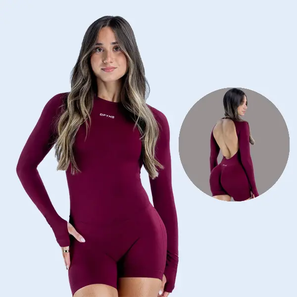 （with logo）dfyne  Women Backless Long Sleeve Gym One Piece, High Stretch Booty Sculpting Workout Bodysuit, Compression Fitness Romper with Padded Bra