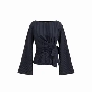 Cider Boat Neck Stripe Knotted Bell Sleeve Blouse