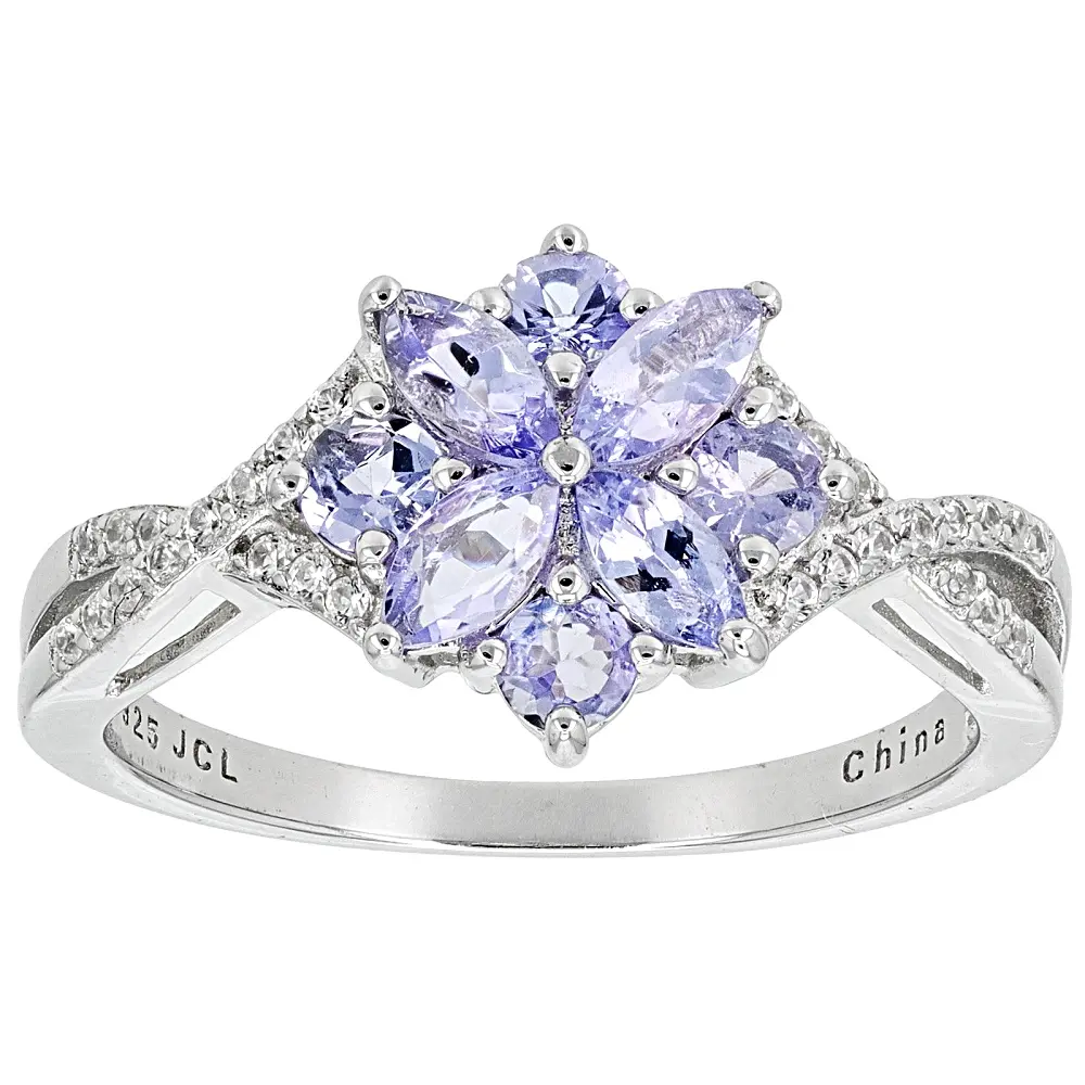 JTV Blue Tanzanite With White Zircon Rhodium Over Sterling Silver Ring 0.95ctw