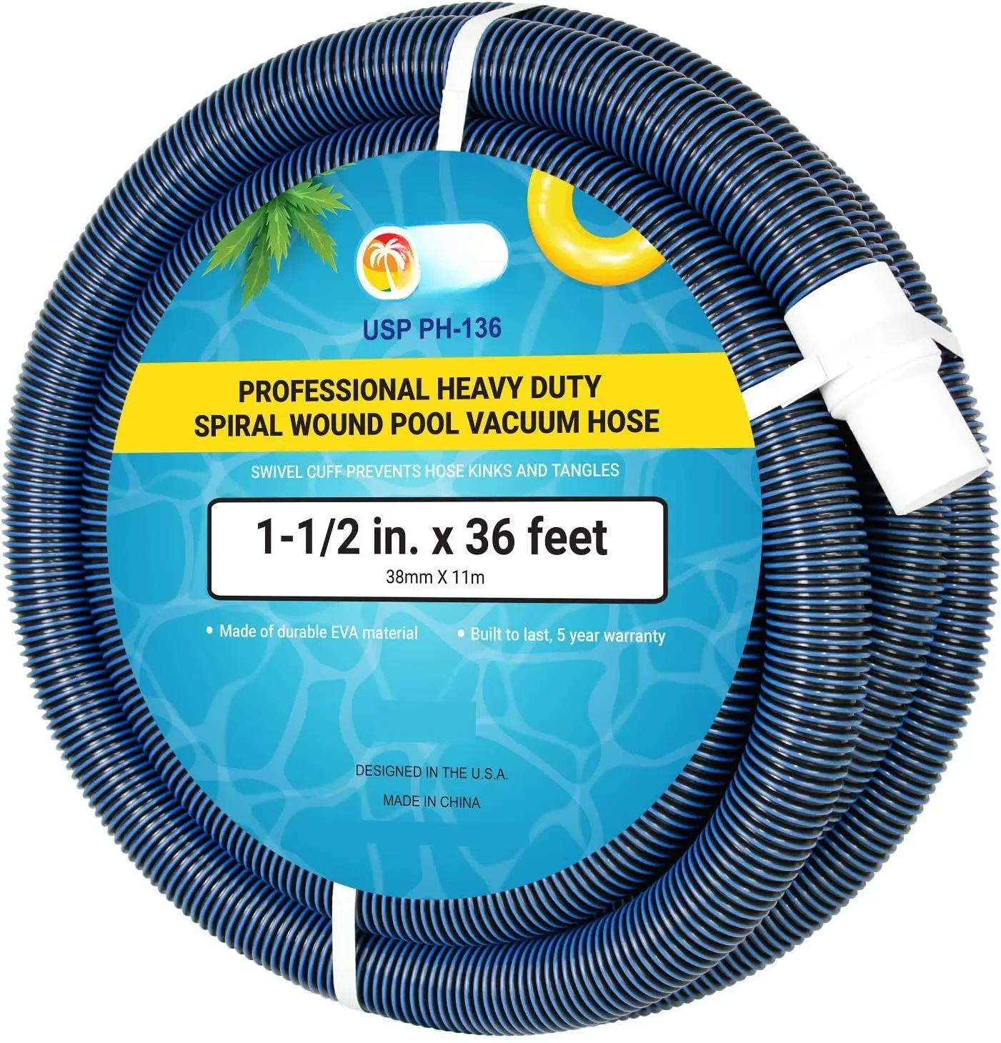 Vacuum Hose - 1-1/2" x 36' Professional Heavy Duty  Hose for Inground, Spiral  with Kink-Free Swivel Cuff - Connect to Vacuum Heads, Skimmer, Cleaner, Filter Pump Inlet