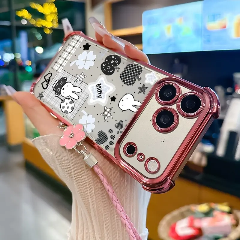 Cartoon Cute Kawaii Miffy Pattern Smartphone Casing - Shockproof, Durable Drop Protection Bumper with Lanyard Art for iPhone 17 Pro Max, 16, 15 Plus, 14, 13, 12, 11 & Samsung Galaxy S26, S25, S24, S23, S22 Handheld Cellphone Devices