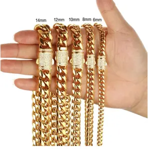Miami Curb Cuban Link Chain for Men Women Diamond Button 18K Gold/Black Plated Mens Jewelry Hip Hop Chain 16"/20"/22"/24"/26"/28"/30" edgarchain
