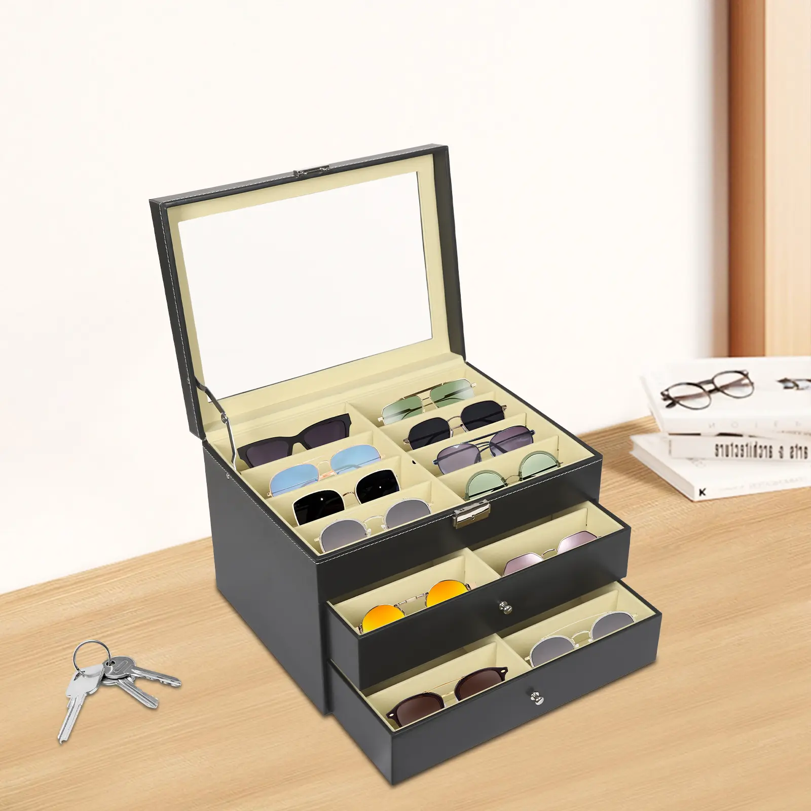 3 Tier Eyeglasses Display Case with Lock Glass Top Jewelry Organizer for Glasses Watches Rings Earrings Necklaces Black PU Leather Tabletop Stand