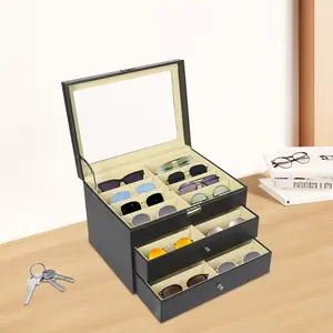 3 Tier Eyeglasses Display Case with Lock Glass Top Jewelry Organizer for Glasses Watches Rings Earrings Necklaces Black PU Leather Tabletop Stand