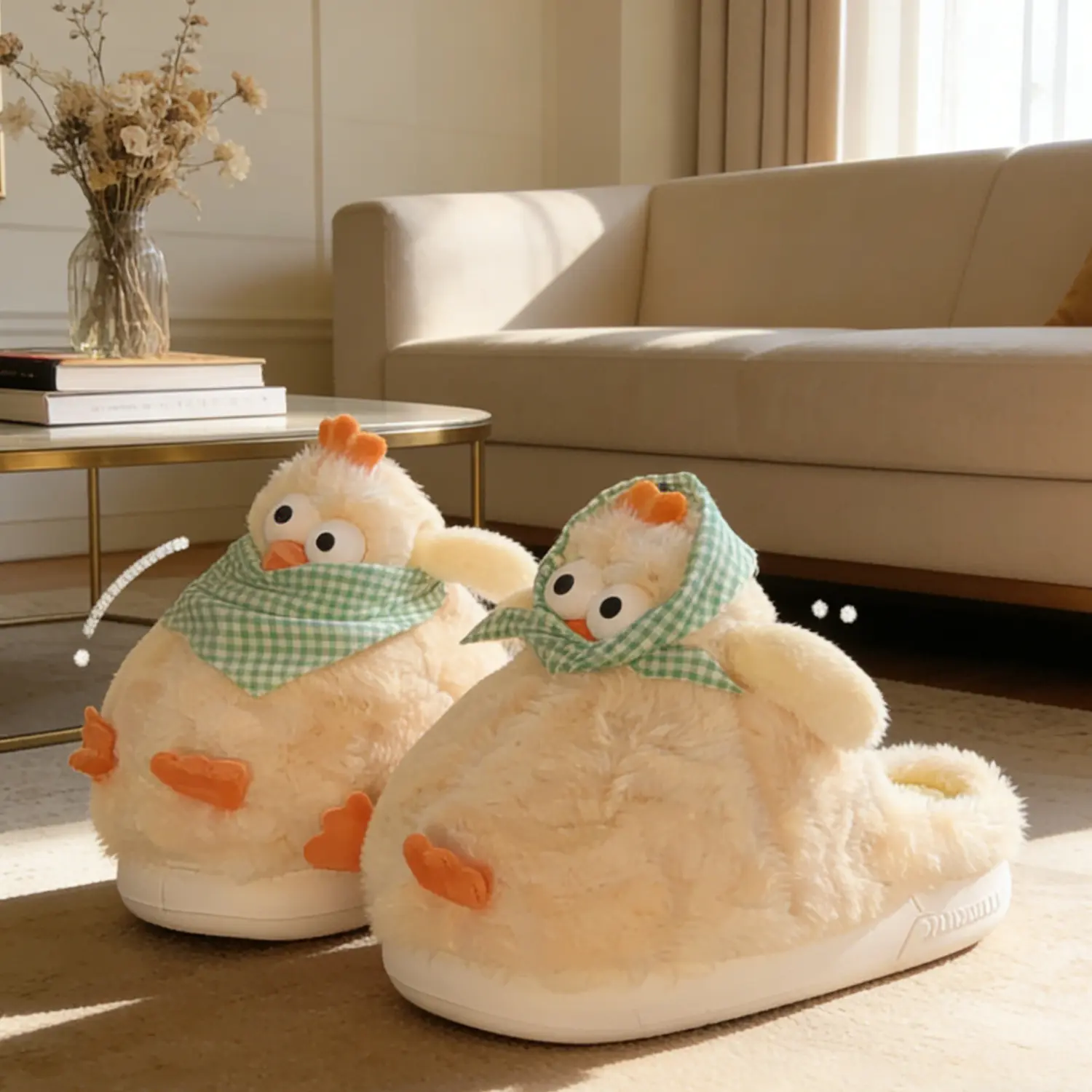 Women's Soft Farmyard Animal Slippers - Plush Chicken Design with Scarf Detail, Cozy Indoor Shoes, Fabric, Slip On, Tpu, Chicken Print, Footwear, Indoor Wear, Casual, Slide, Cute