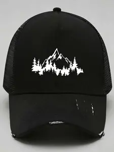 Unisex Perforated Baseball Cap with Mountain Pattern, Mesh Material, Adjustable, Casual Wear, Outdoor Sports, Fishing, Gatherings